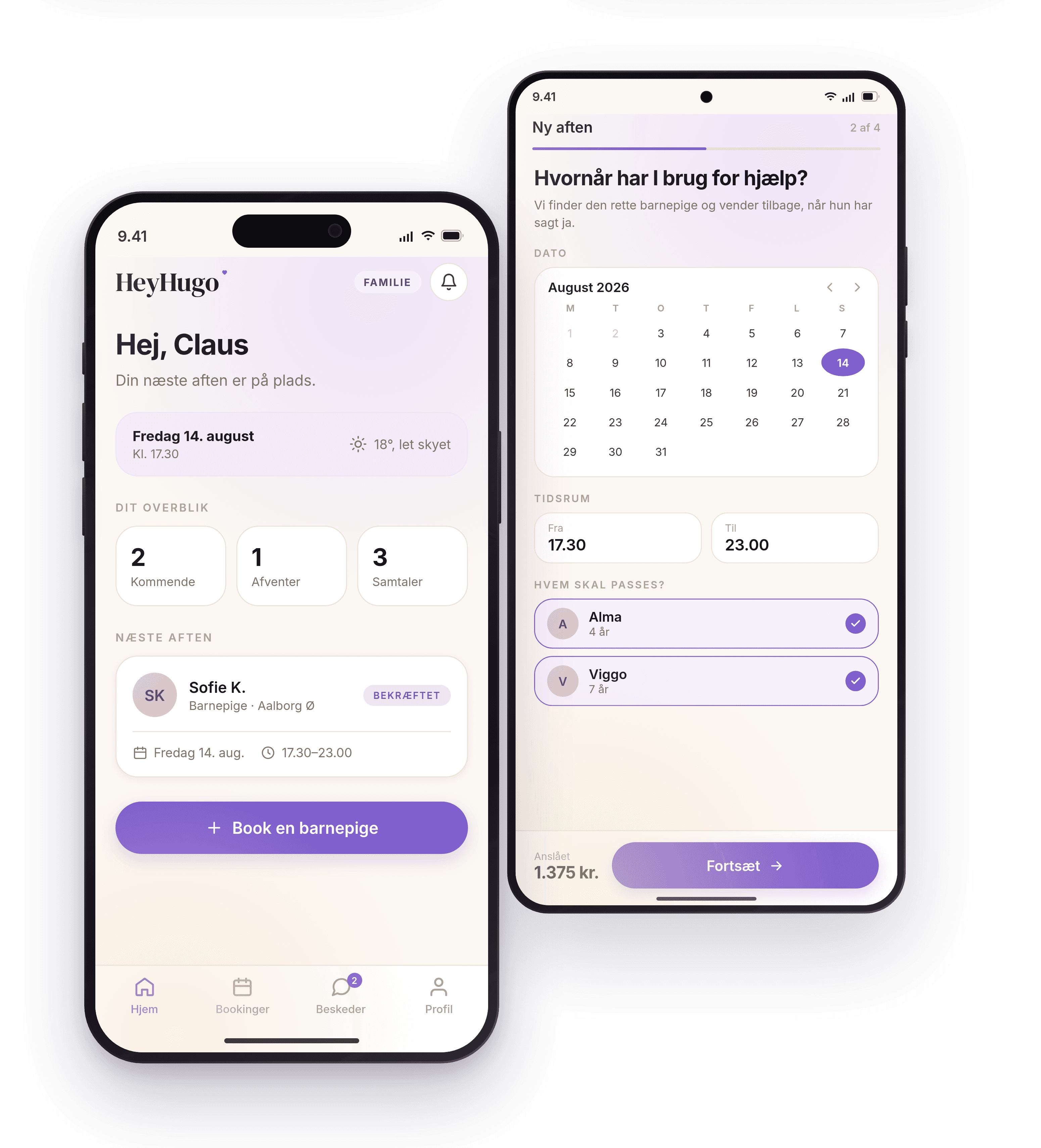 HeyHugo-appen på to telefoner: forsiden med næste aftens booking, og trinnet hvor man vælger dato, tidsrum og hvilke børn der skal passes.
